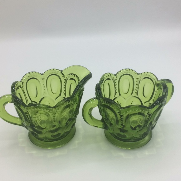 L. E Smith moon & stars vintage emerald  olive  green creamer  & sugar glass - Picture 5 of 5